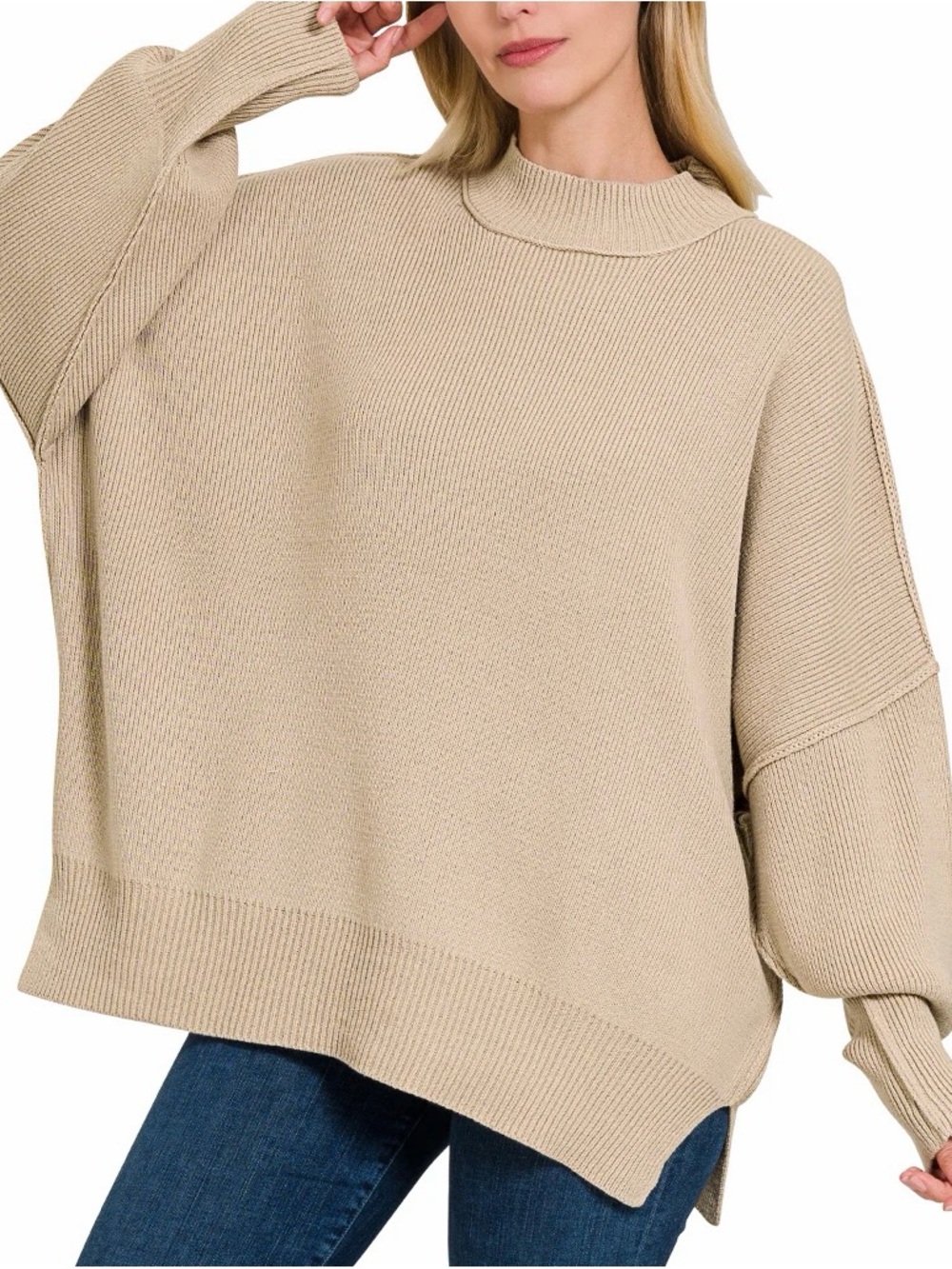 Zenana Outfitters Oversized Turtleneck Sweater in Beige